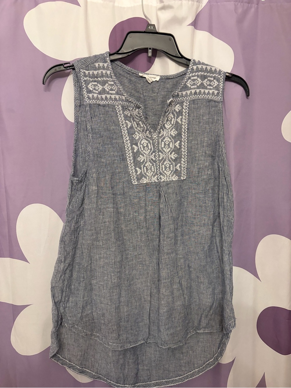 beachlunchlounge Blue and White Embroidered Sleeveless Split-Neck Top